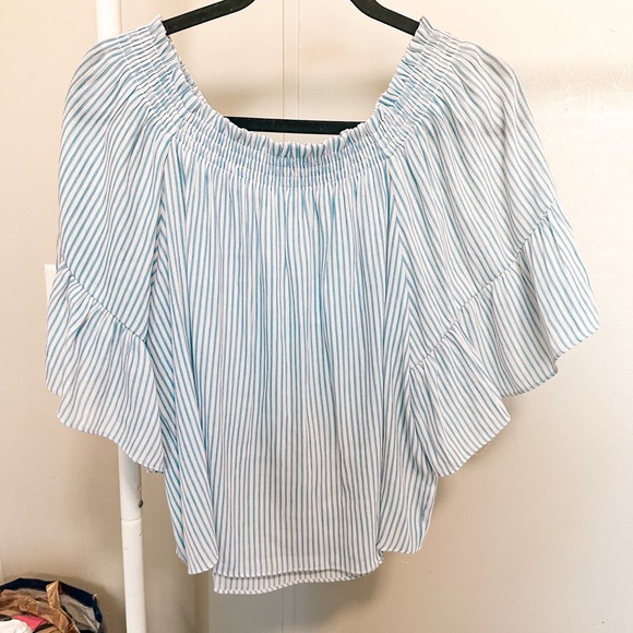 H&M Blue and White Striped Off The Shoulder Shortsleeved Blouse size 4 - Picture 1 of 7